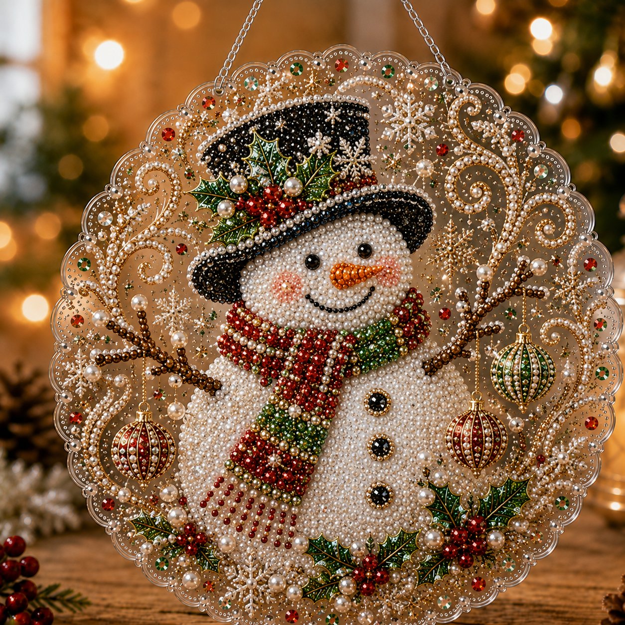 Snowman pearl diamond art hanging ornament with metal chain