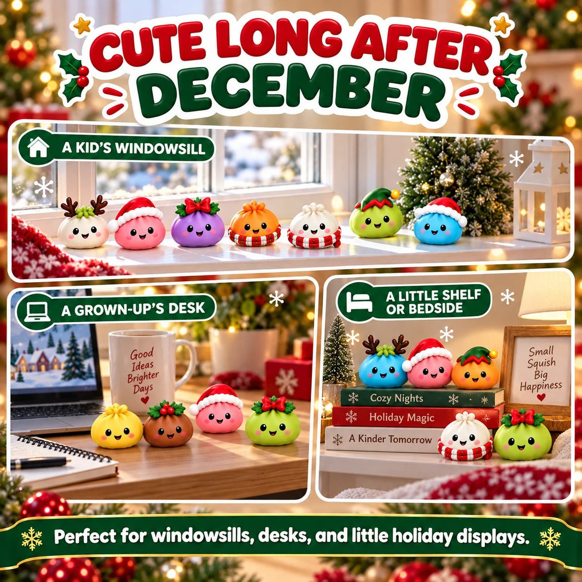 Holiday dumpling squishies lined up on a windowsill, desk, and bedside shelf