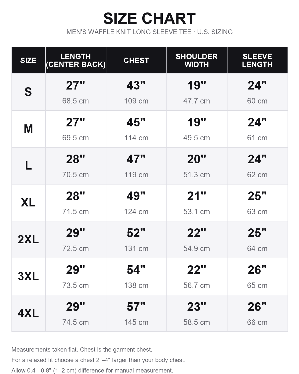 Men's Waffle Knit Long Sleeve Faux Layered Tee size chart