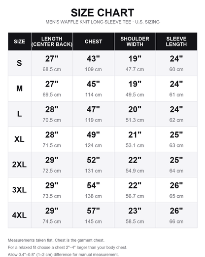 Men's Waffle Knit Long Sleeve Faux Layered Tee size chart