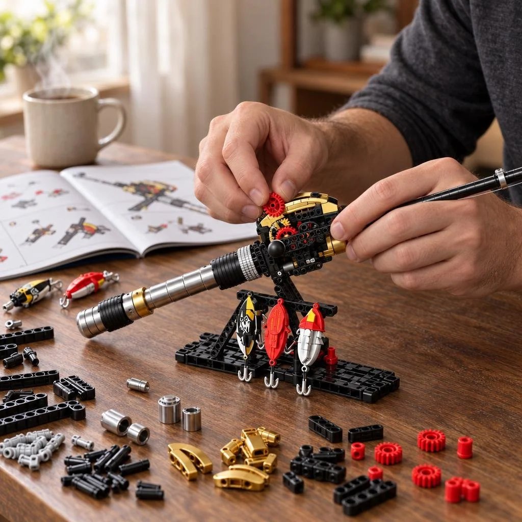 Hands assembling the fishing rod and reel building kit beside the illustrated guide