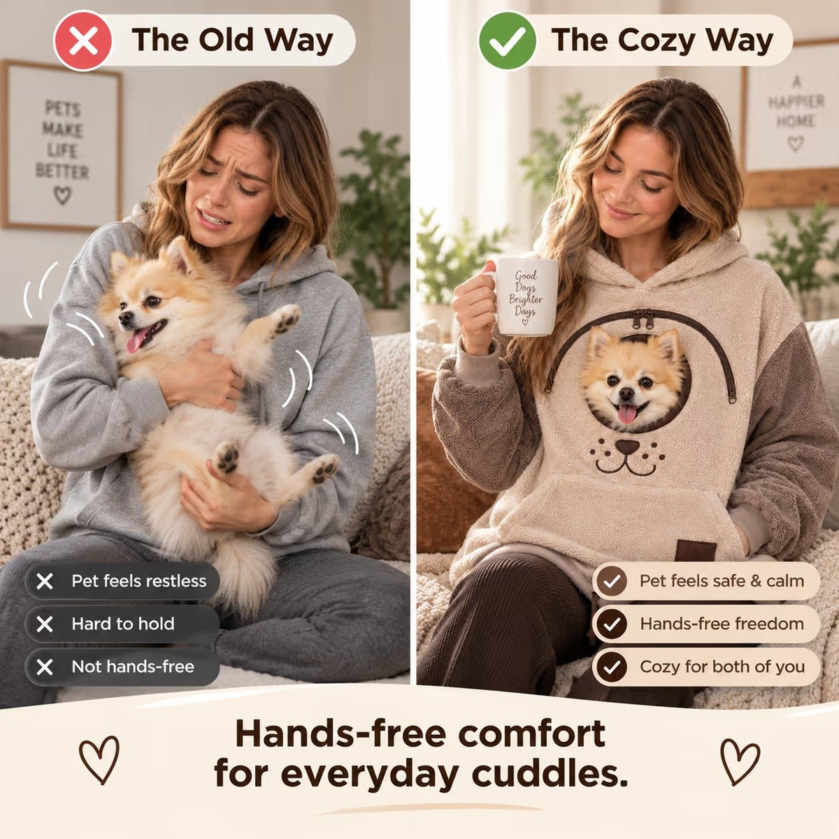 Pet carrier hoodie pouch compared with holding a small dog in your arms