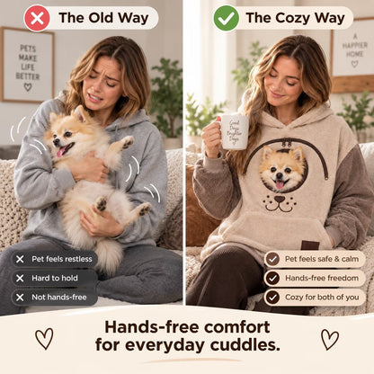 Pet carrier hoodie pouch compared with holding a small dog in your arms