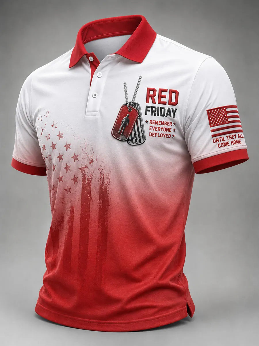 Men's R.E.D. Friday vintage polo shirt with dog-tag chest print and USA flag sleeve