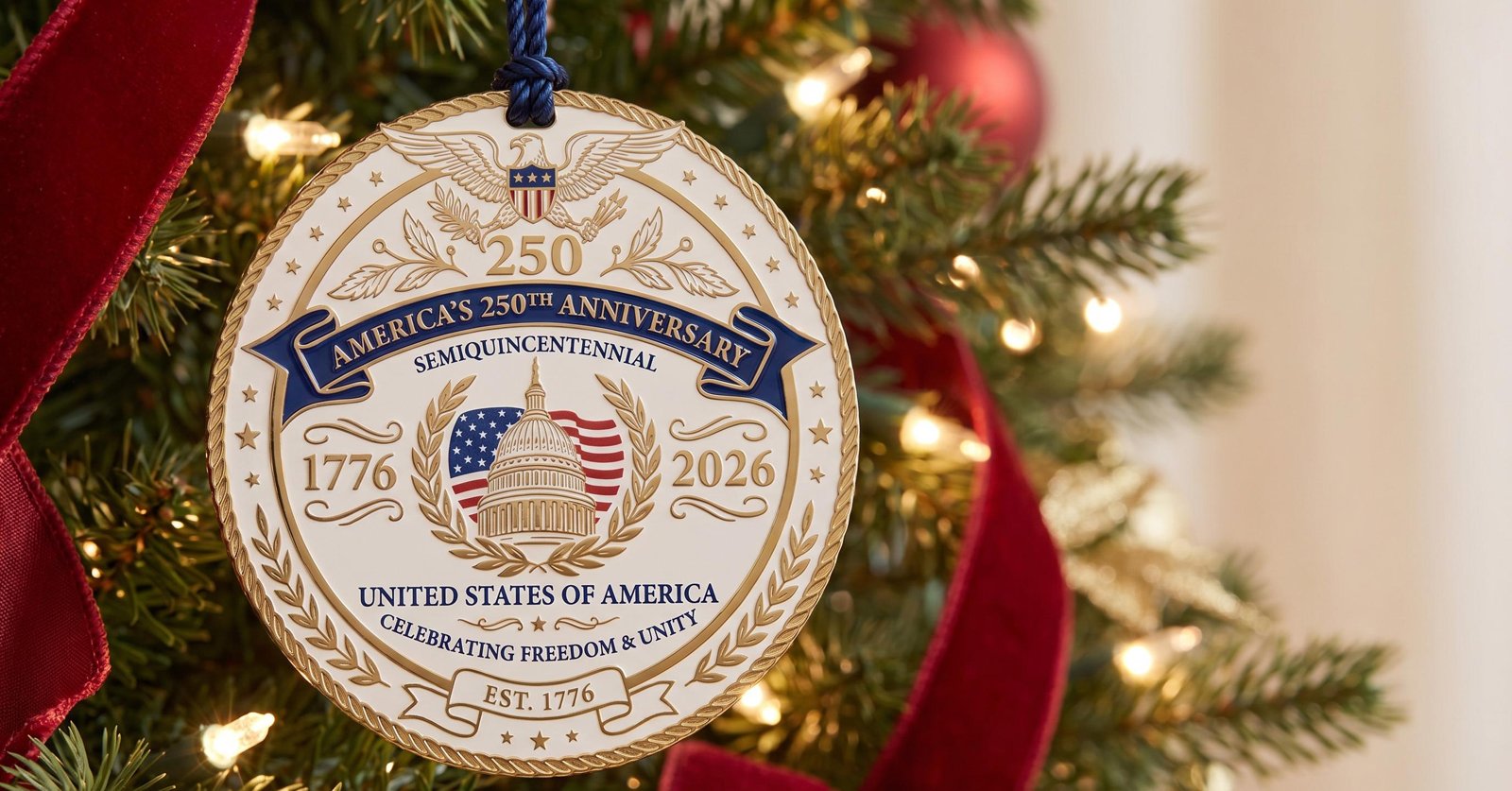 America's 250th Anniversary ornament hanging on a decorated Christmas tree