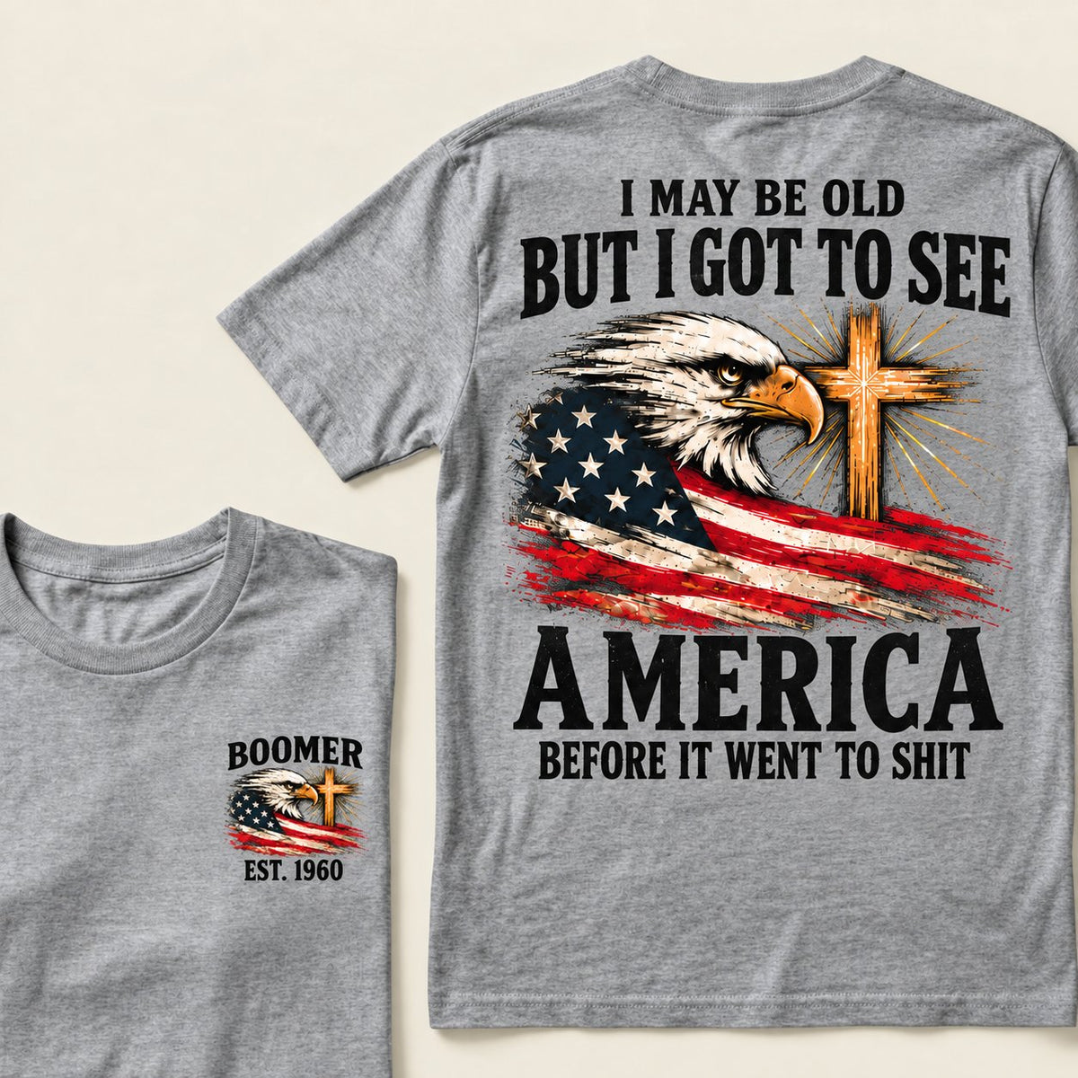Grey Boomer graphic T-shirt with vintage eagle, USA flag and cross, front and back