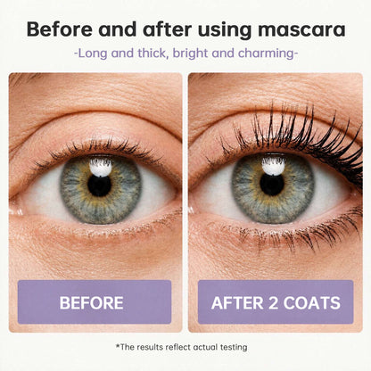 Close-up of lashes before mascara and after two coats