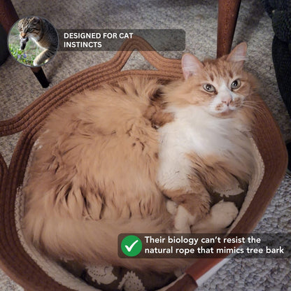Cat resting in natural rope cat bed designed for cat instincts