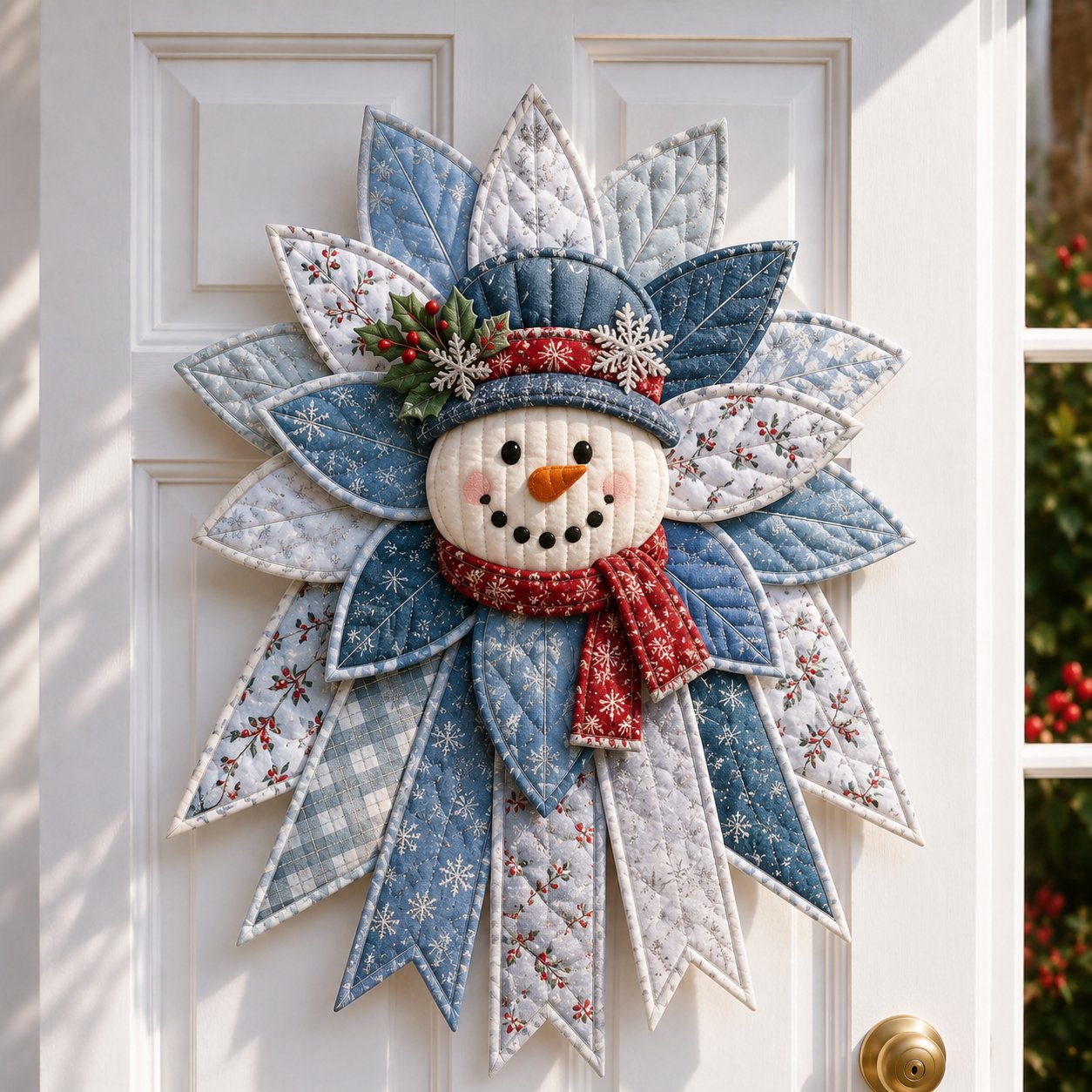 Handmade frosty snowman quilted Christmas door hanging with blue hat