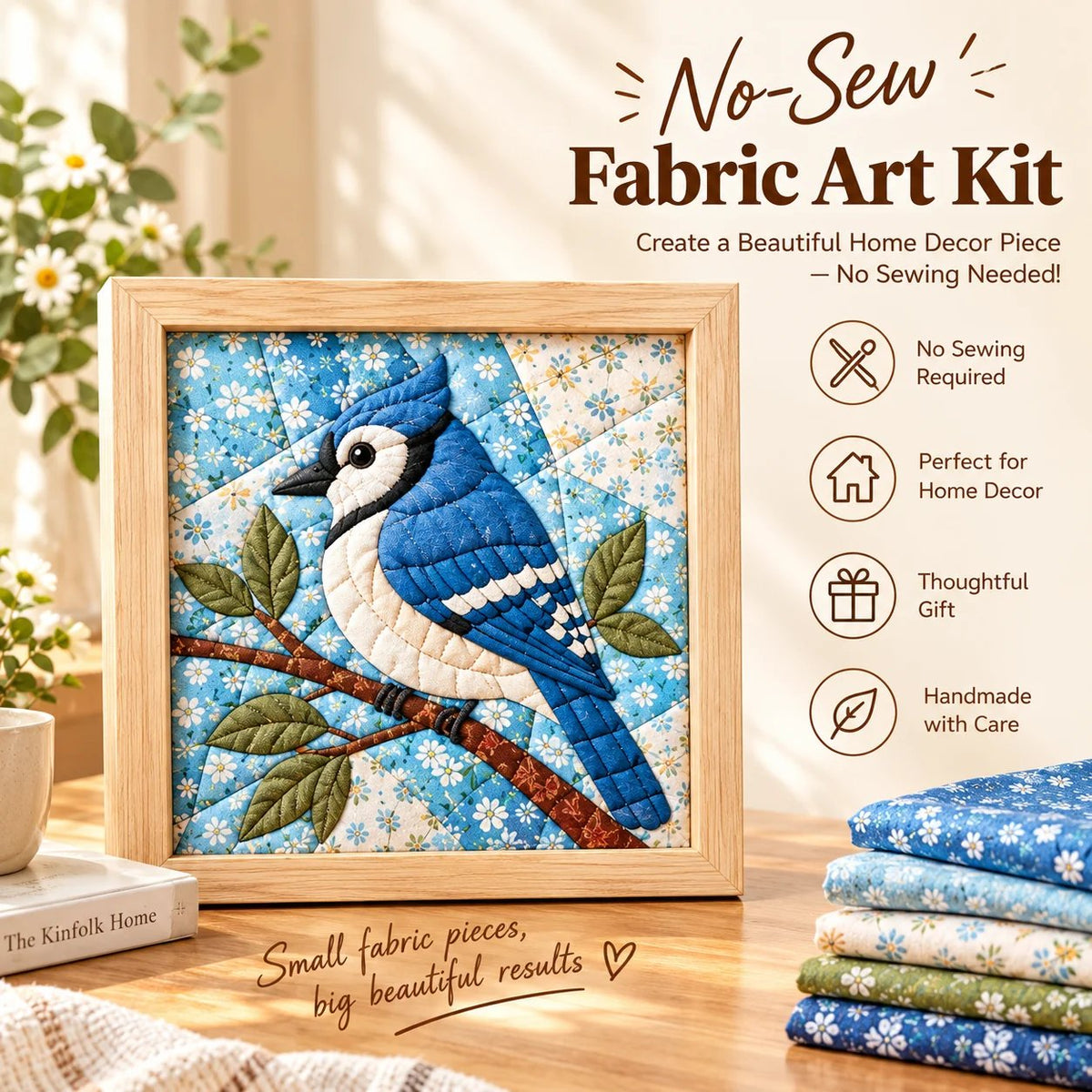 No-Sew Fabric Art Kit hero poster with Blue Jay and key selling points