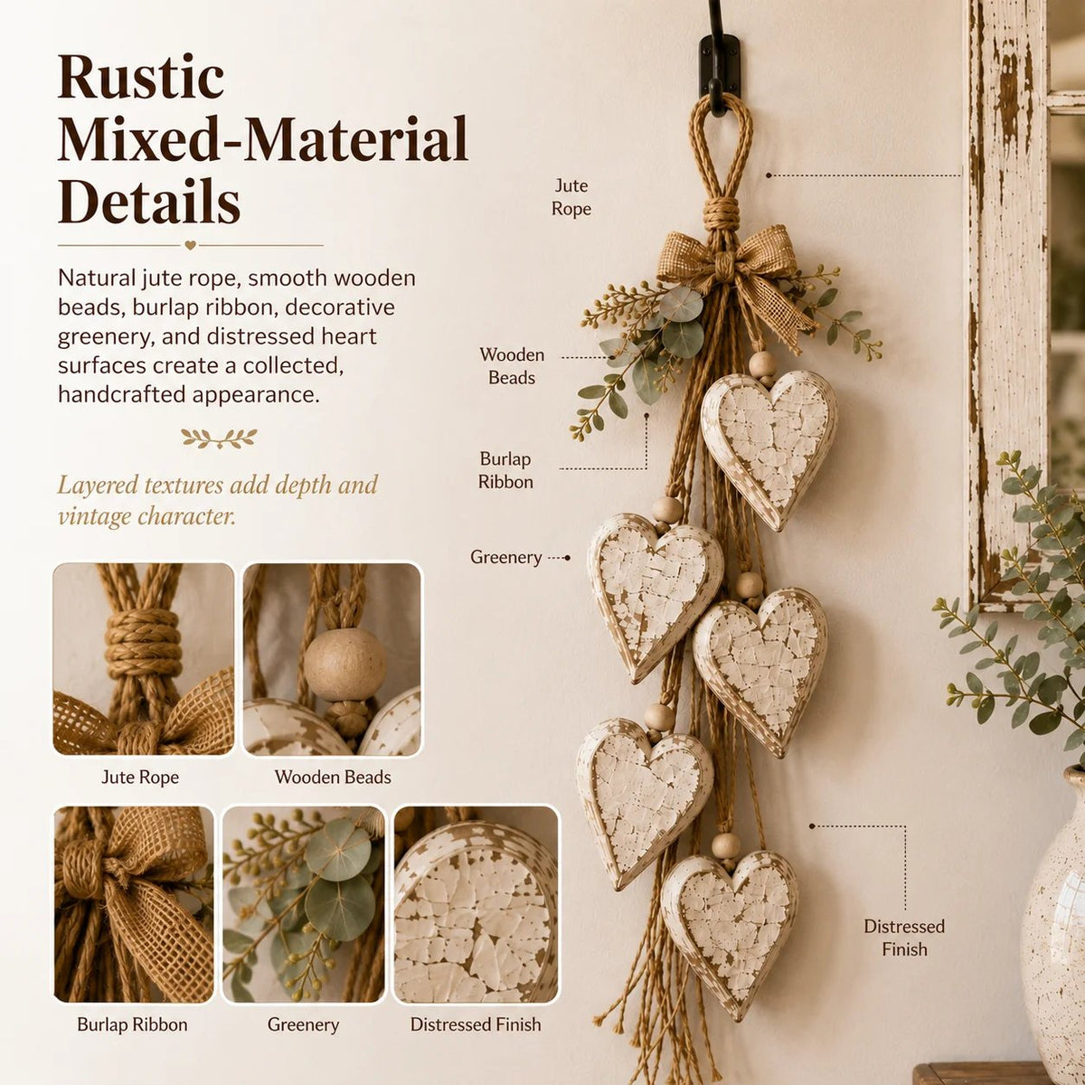Handcrafted rustic material detail: jute rope, wooden beads, greenery and distressed hearts