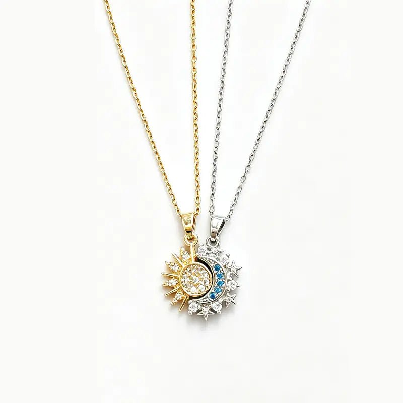 Sun and moon magnetic necklace set with joined celestial pendants