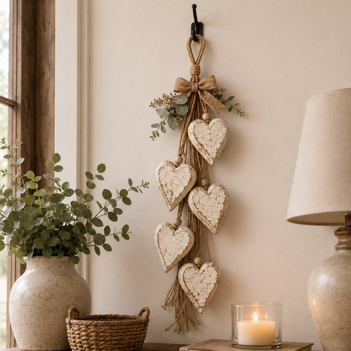 Rustic Neutral hanging heart wall decor in cozy indoor scene