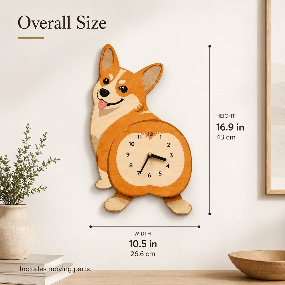 Ginger Corgi rear view wall clock overall size 10.5 x 16.9 inches
