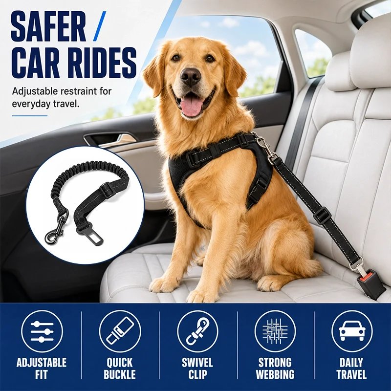 Safer car rides poster showing adjustable dog seat belt with quick buckle and swivel clip