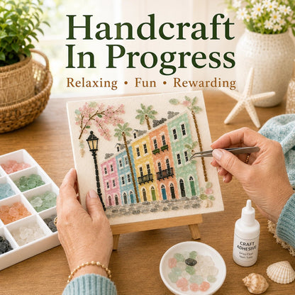 Hands using tweezers to place sea glass pieces during relaxing DIY craft
