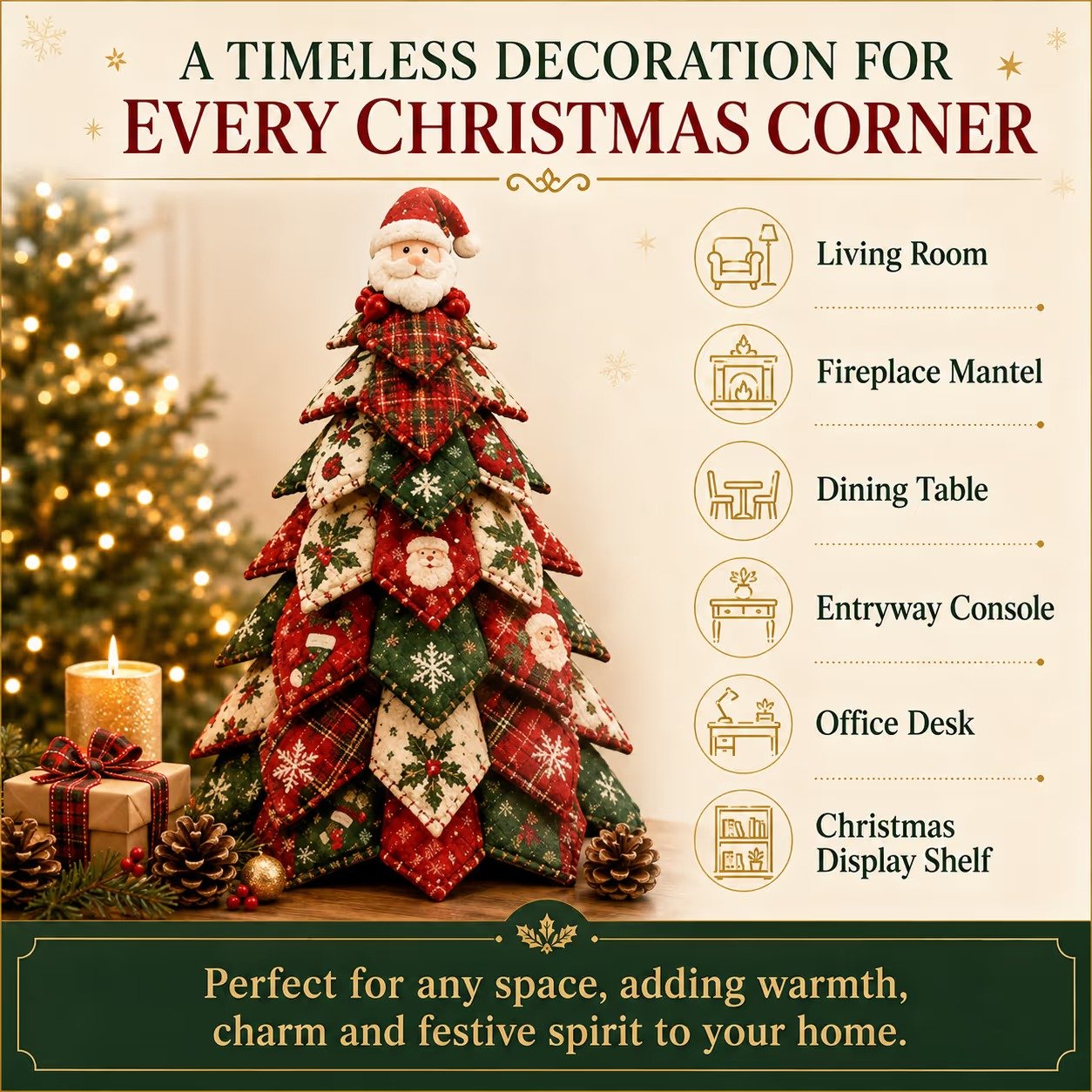 DIY quilted Christmas tree styled on mantel dining table and shelf