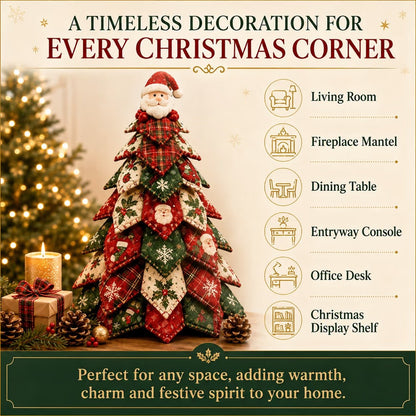 DIY quilted Christmas tree styled on mantel dining table and shelf