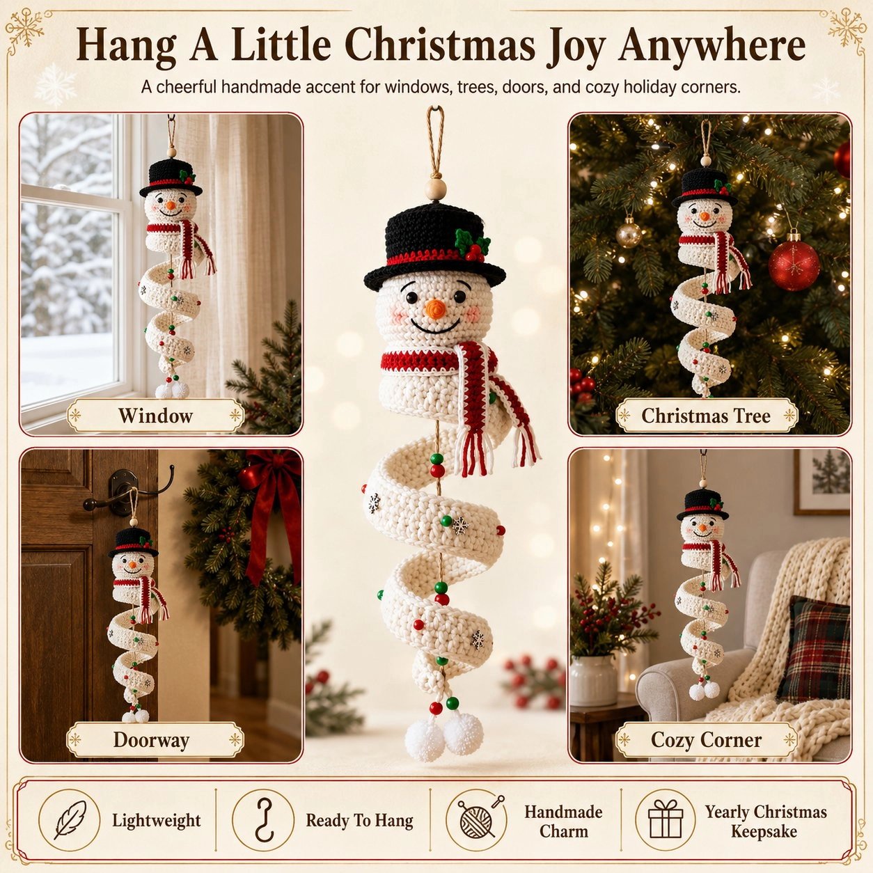Hang the crochet spiral Christmas ornament on tree window or door