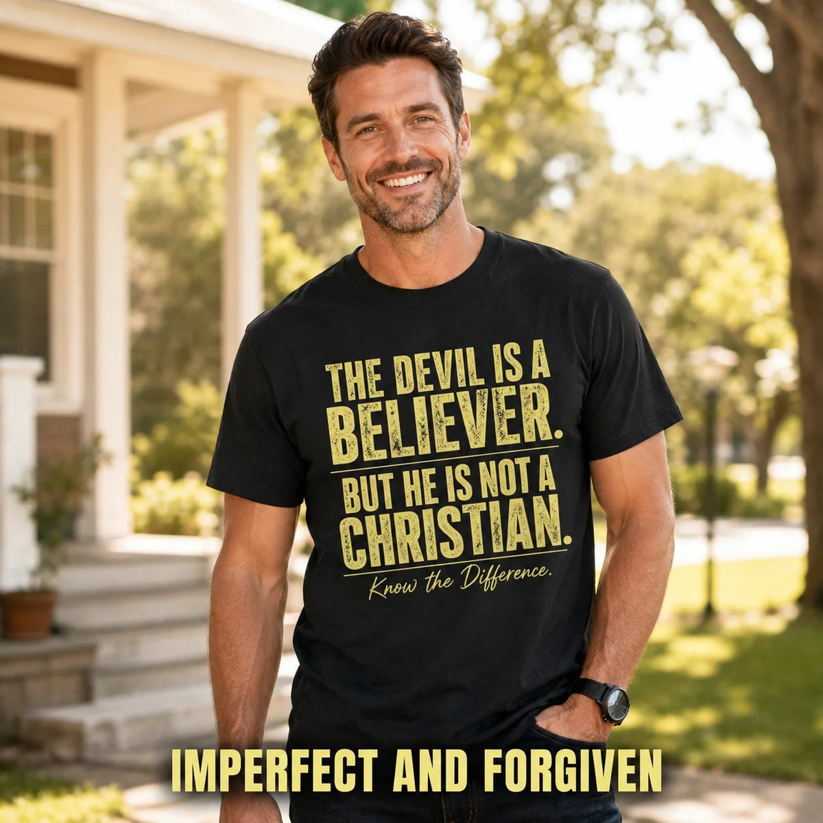 Man wearing the black Devil Believer Christian T-shirt