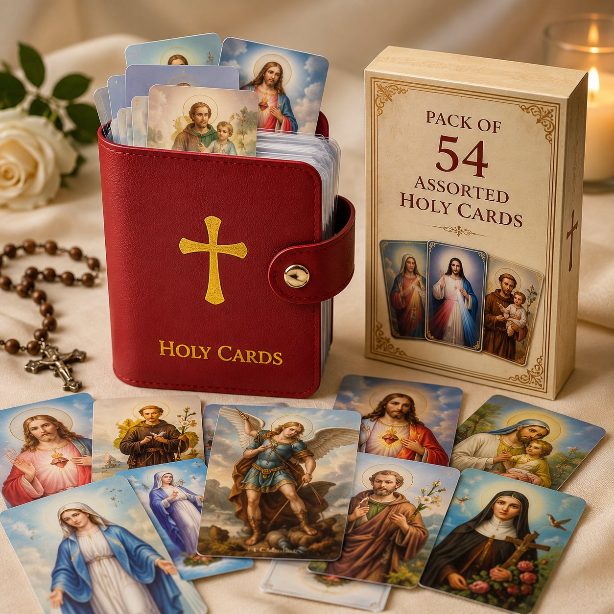 Red genuine leather Catholic holy card holder with 54 prayer cards