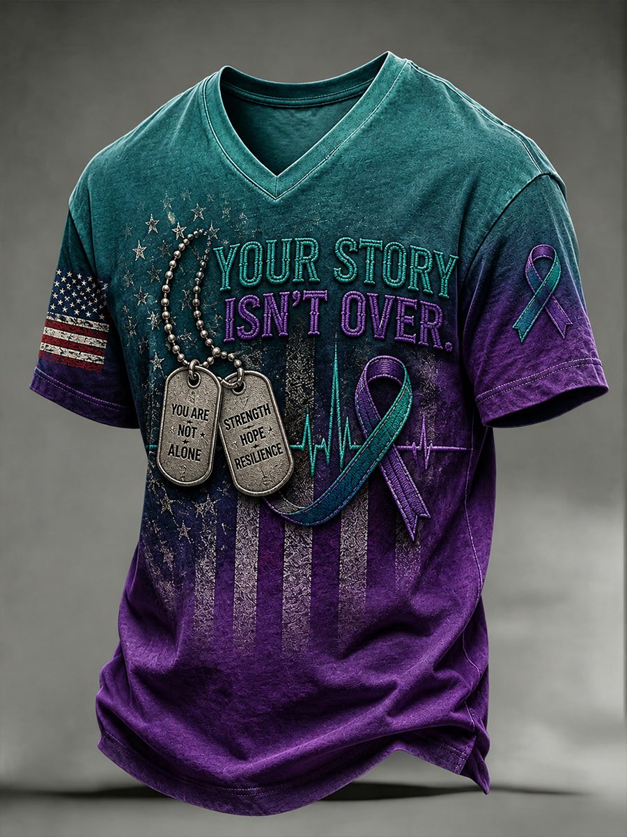 Men's teal to purple gradient v-neck t-shirt with Your Story Isn't Over awareness art print, US flag panel, dog tags and teal ribbon
