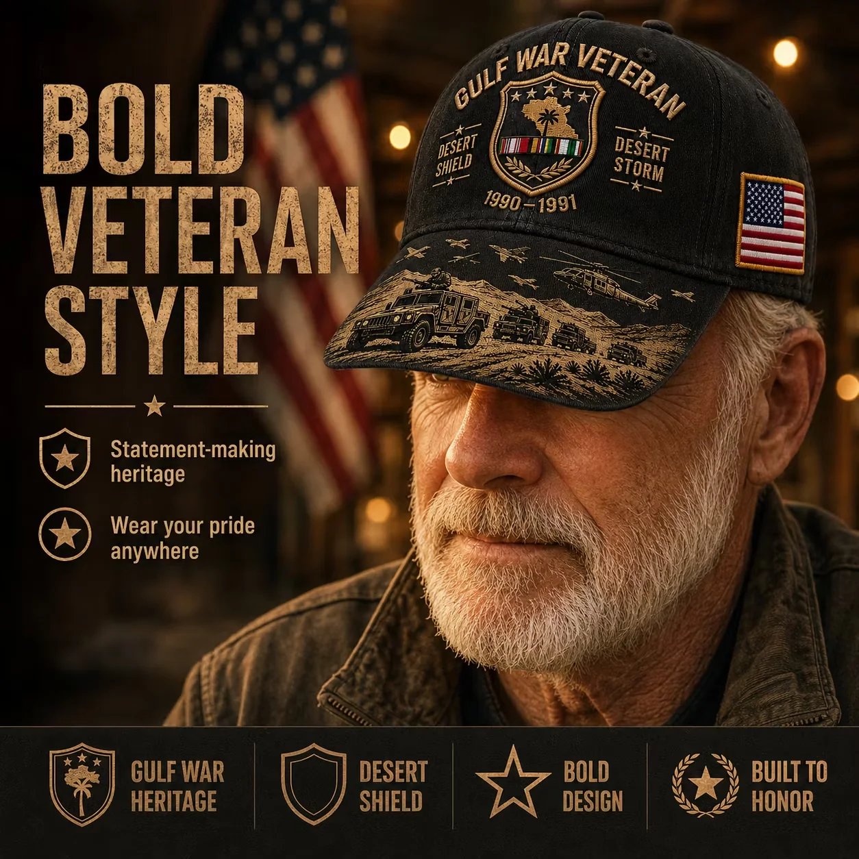Gulf War veteran wearing black commemorative cap outdoors – bold veteran style