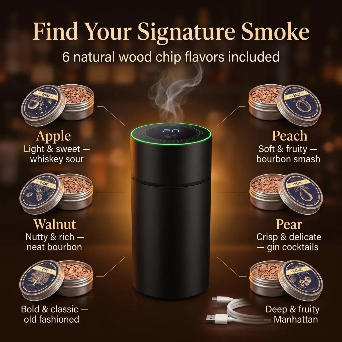 Electric whiskey smoker kit with included wood chip flavors
