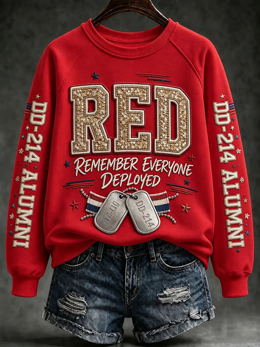Women's R.E.D. Remember Everyone Deployed sequin sweatshirt with DD-214 Alumni sleeves