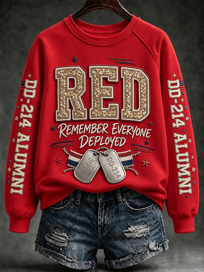 Women's R.E.D. Remember Everyone Deployed sequin sweatshirt with DD-214 Alumni sleeves
