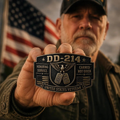 DD-214 Veteran Honor Belt Buckle close-up with American flag