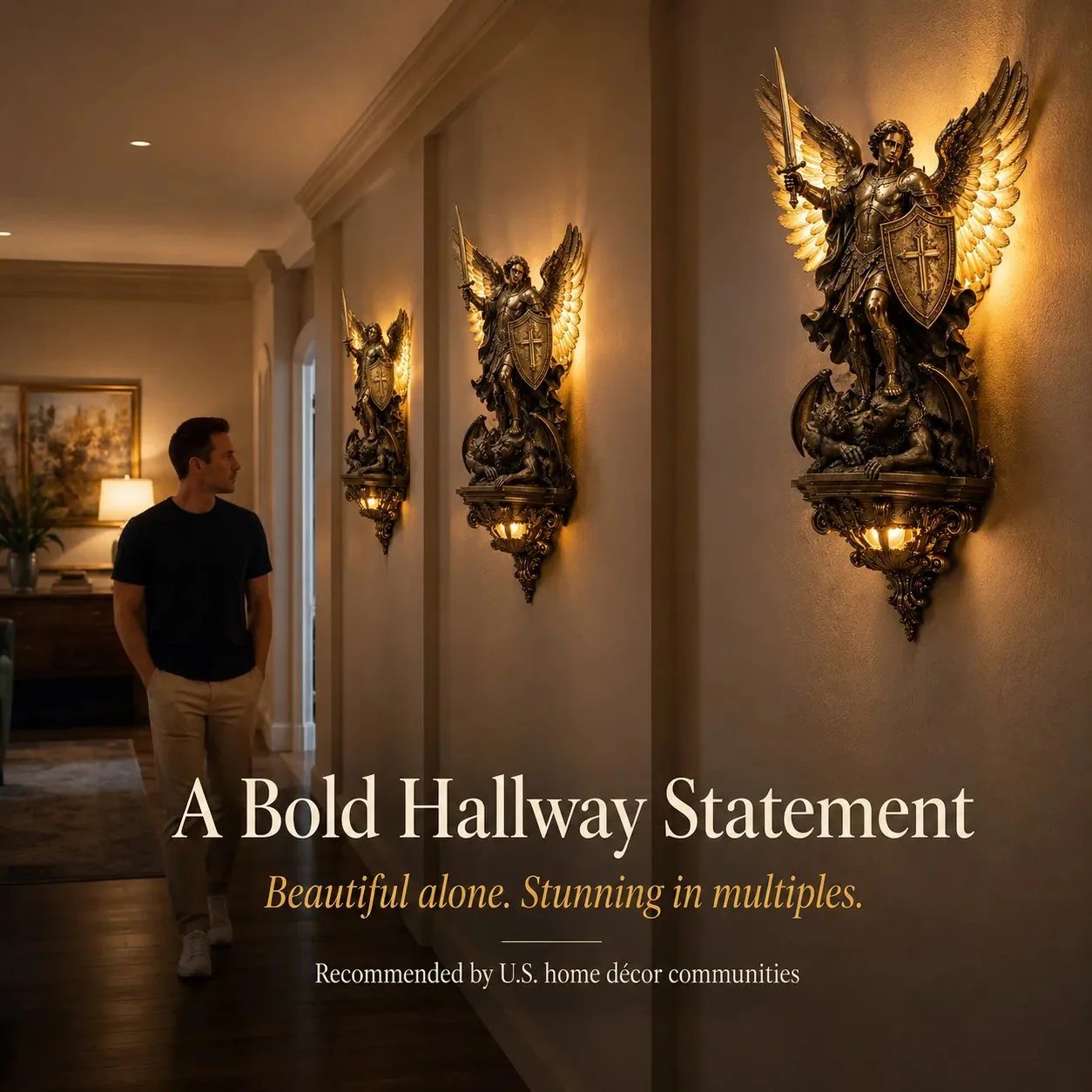 Multiple St. Michael wall lights lined up in a hallway with warm golden glow