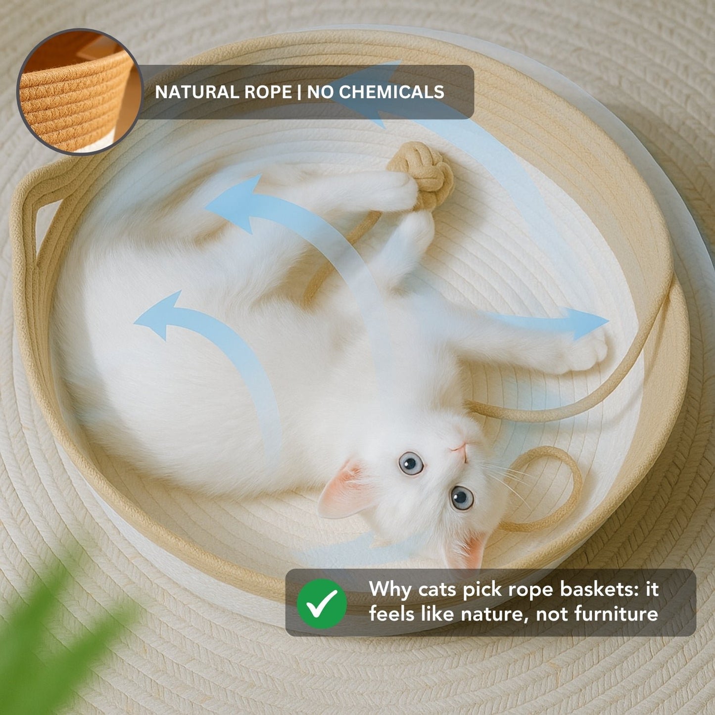 Cat lying in chemical-free natural rope cat basket