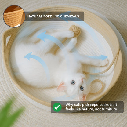 Cat lying in chemical-free natural rope cat basket