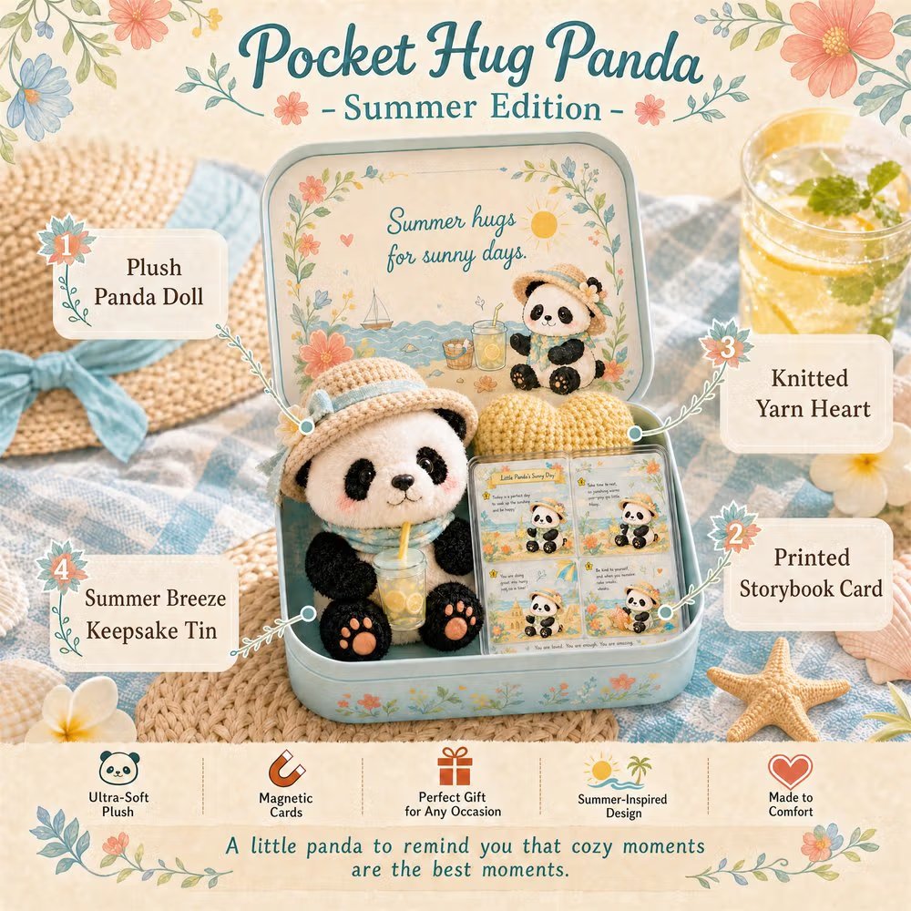 Summer Panda Pocket Hug components – plush toy, knitted heart, story card and metal tin