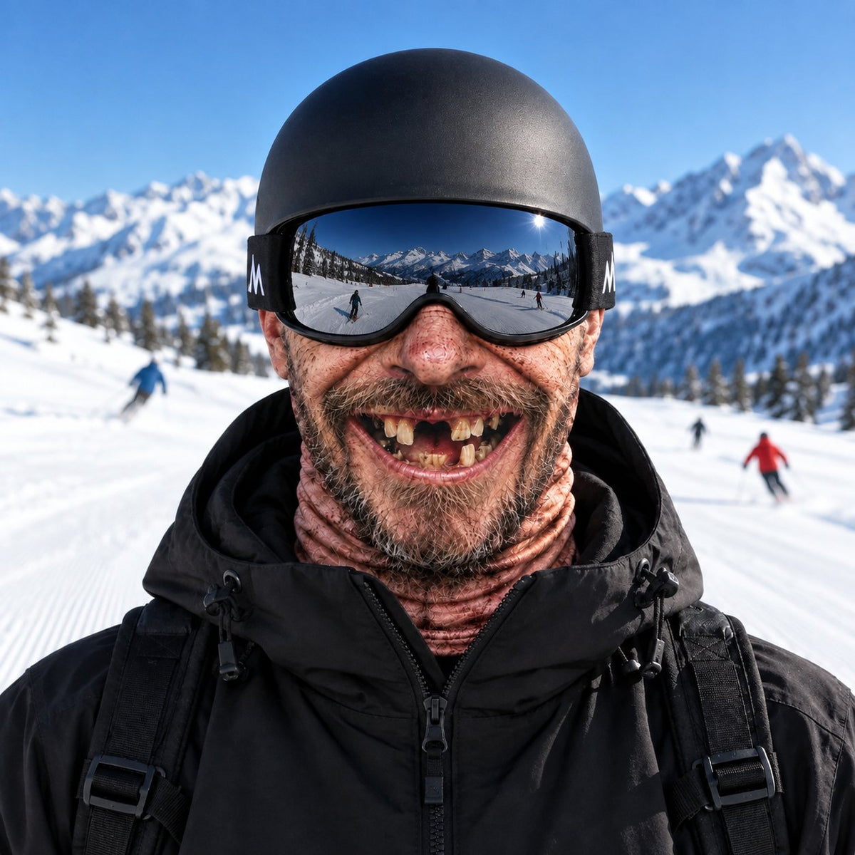 Funny gap-tooth face ski mask worn with a helmet and goggles