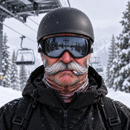 Funny mustache face ski mask worn with winter ski gear