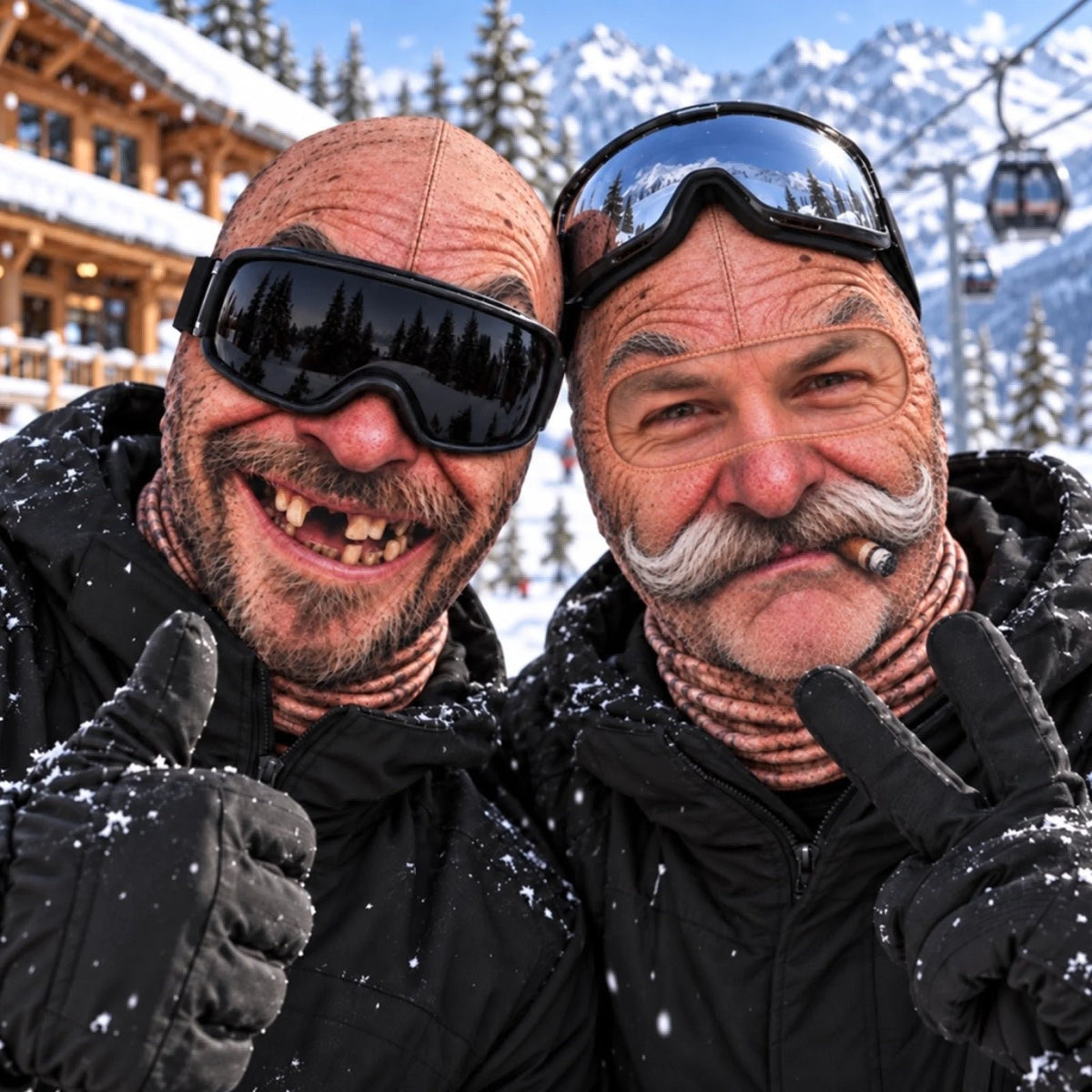 Funny face ski masks worn together on a snowy slope
