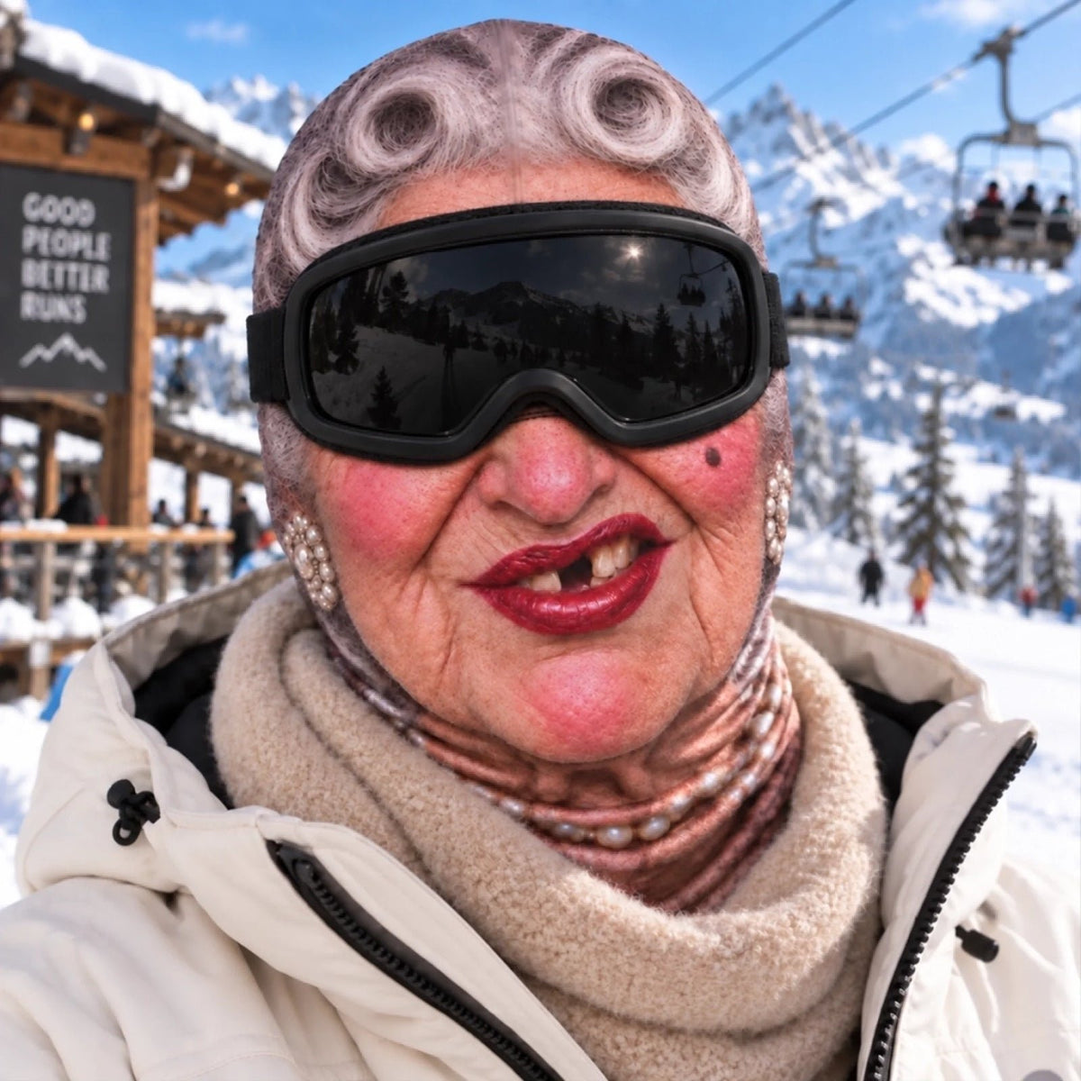 Pearl necklace funny face ski mask at a ski lift