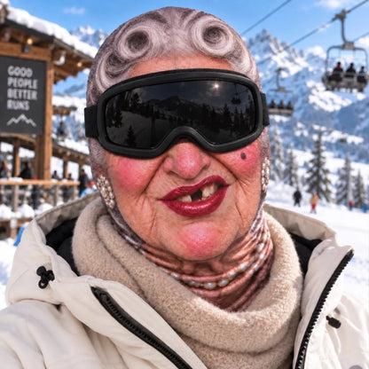 Pearl necklace funny face ski mask at a ski lift