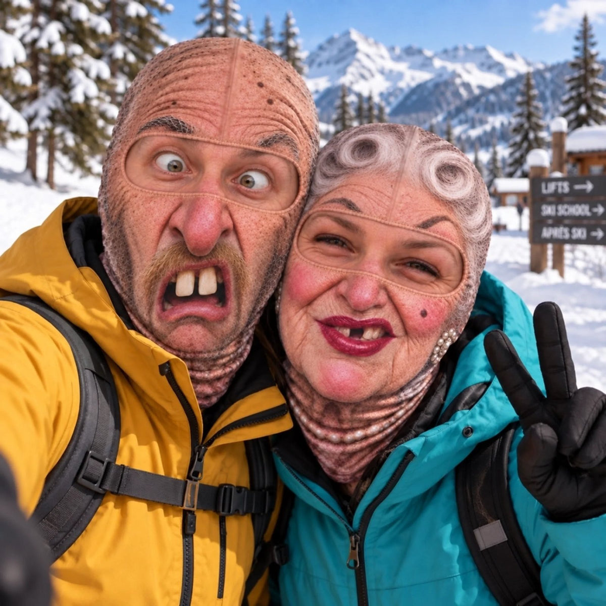 Two funny face ski masks on a mountain trail
