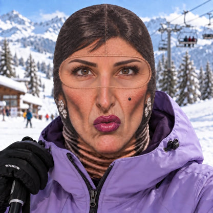 Black bob funny face ski mask on the slopes