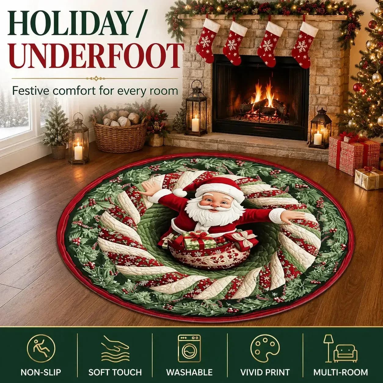 3D Christmas Santa Illusion Round Rug — 80cm Non-Slip