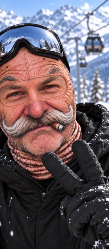Mustache funny face ski mask worn on the slopes