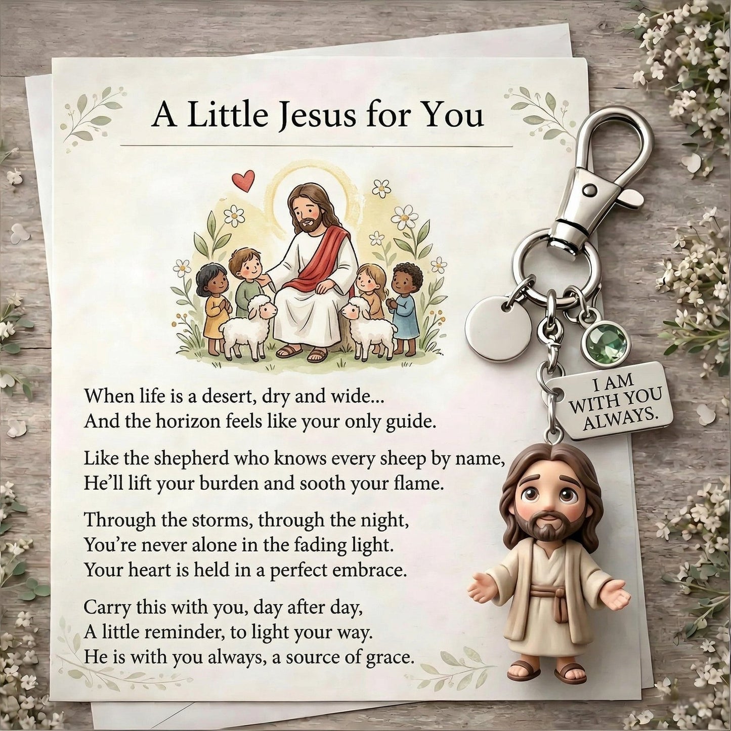 A Little Jesus For You keychain with poem card and birthstone charm