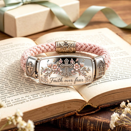 Faith Over Fear pink braided Christian cross bracelet with Isaiah 41:10 engraving