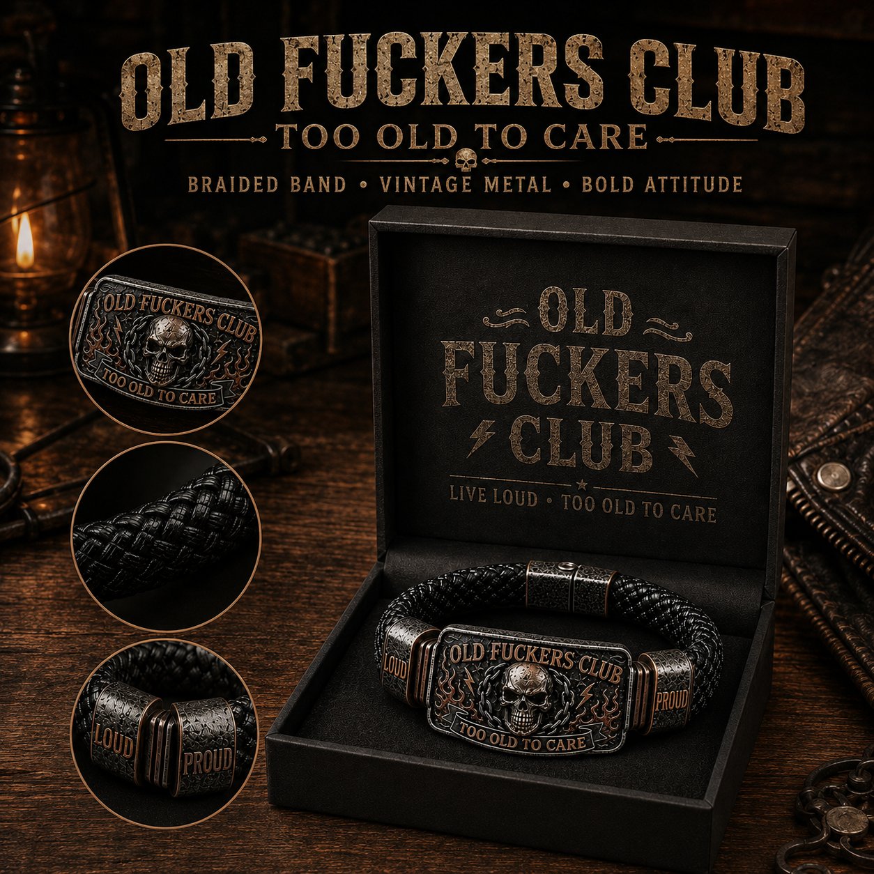 Old Fuckers Club Bracelet - Too Old To Care Skull Leather Cuff