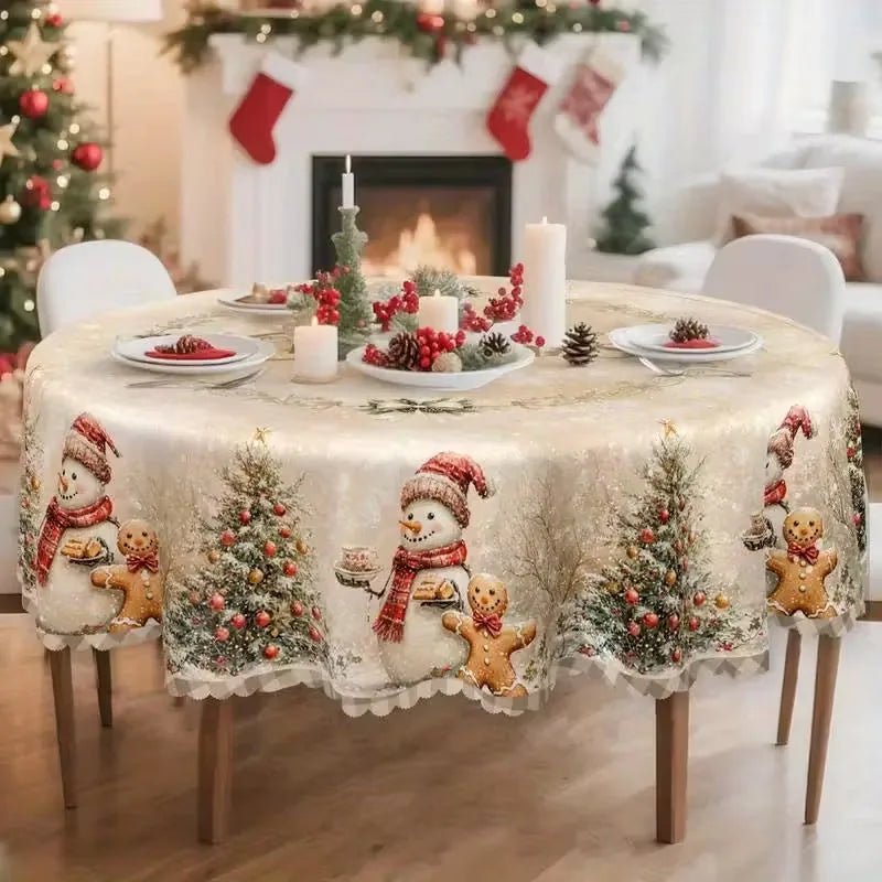 Cream vintage Christmas tablecloth with Santa, snowman, garland and cottage pattern on round table