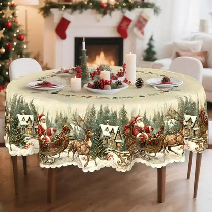 Cream vintage Christmas tablecloth pattern shown on rectangular dining table