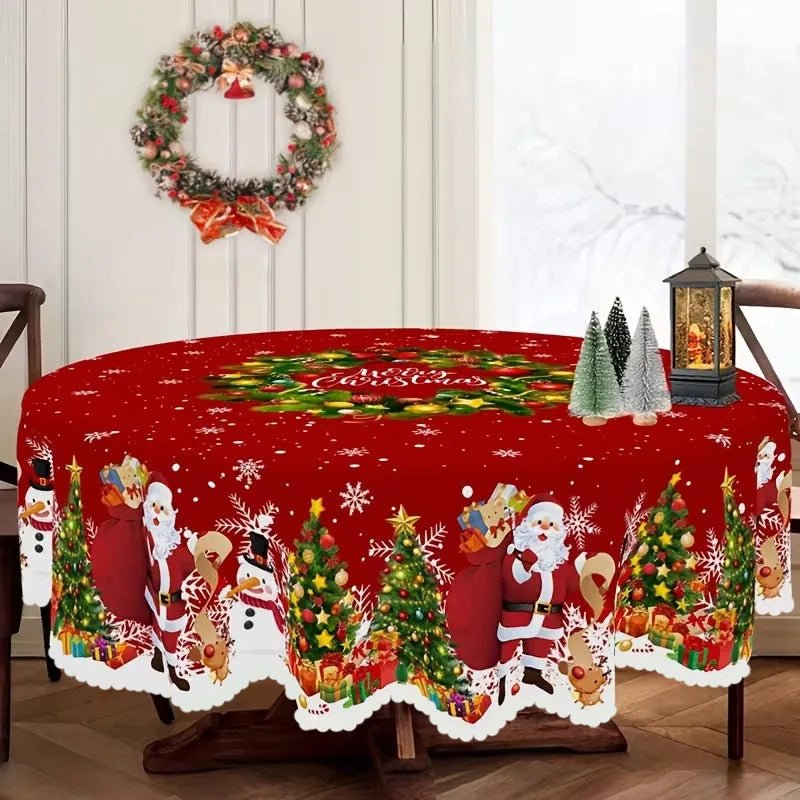 Amber vintage Christmas tablecloth care info with 100% polyester, wrinkle-free and scalloped edges